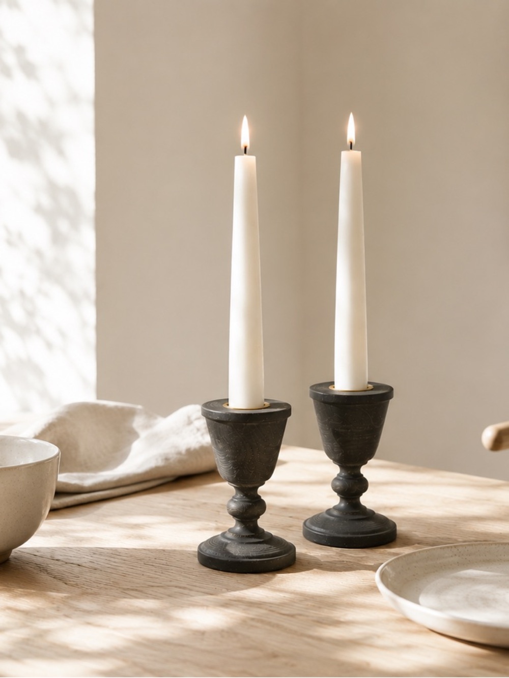 Farmhouse Pottery Wooden Taper Candle Holders SET of 2 Charcoal Wood Made USA